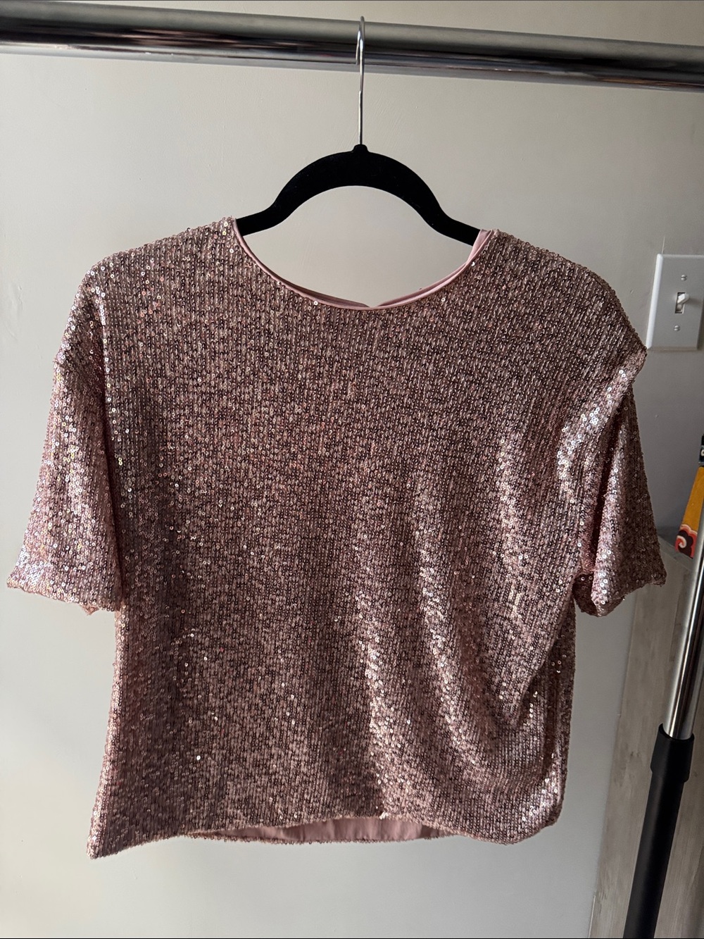 H&M Rose Gold Sequin Short Sleeve Crop Top
